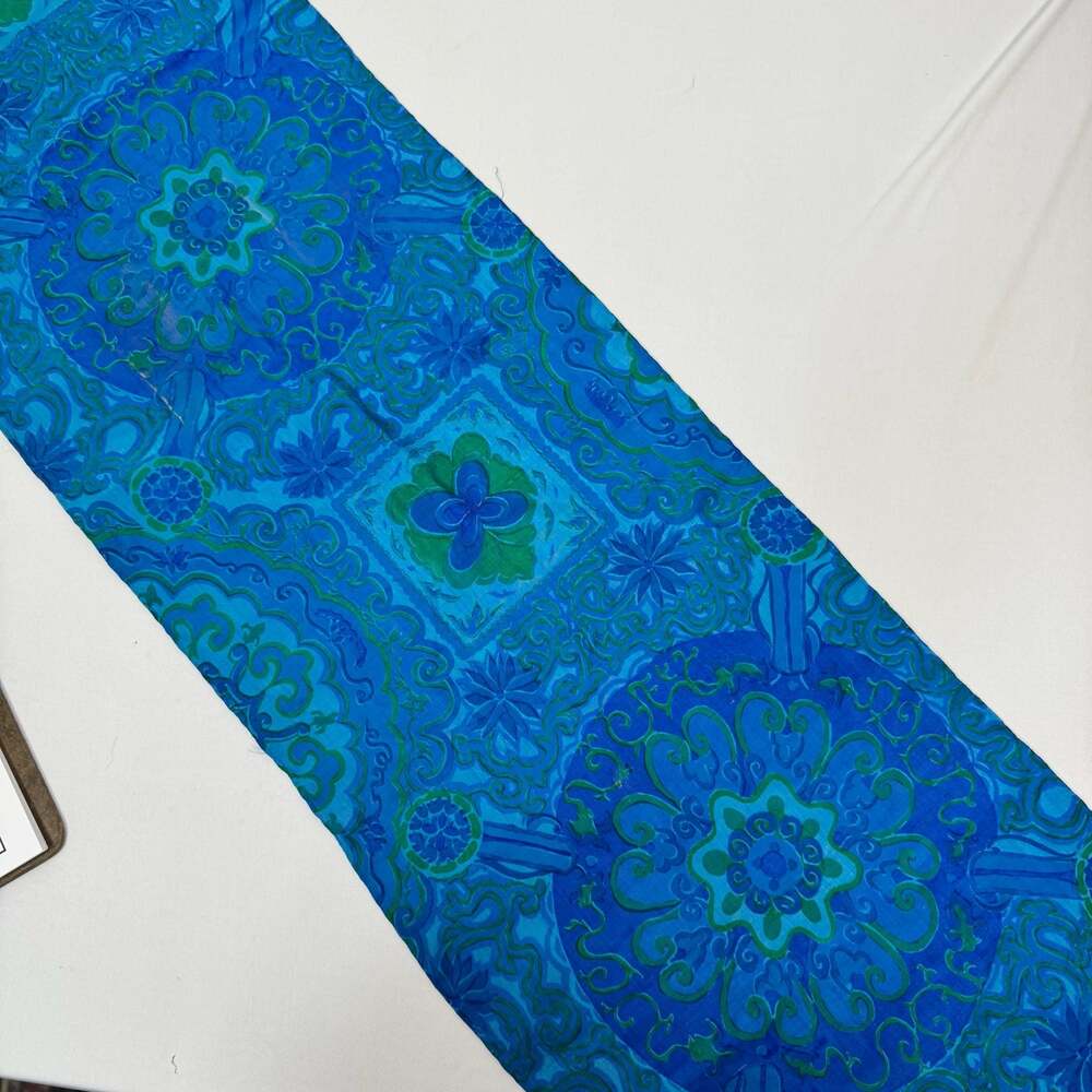 Jim Thompson 100% Thai Silk Scarf Blue Green Mandala Floral 11" x 50"